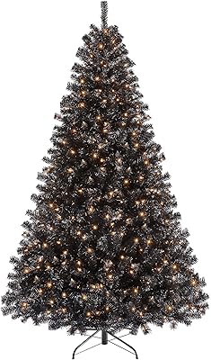 Yaheetech 7.5Ft Pre-Lit Halloween Black Artificial Hinged Christmas Pine Tree Prelighted Xmas Tree for Home Party Holiday Decoration with 550 Clear Warm White Lights and 1354 Branch Tips