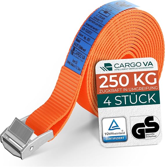 Robust Tie Down Straps with Clamping Lock – TÜV/GS & DIN – Lengths (0.5 m – 5 m) – 250 kg Capacity – For Bicycle Roof Box & Motorcycle [Set of 4/0.5 M