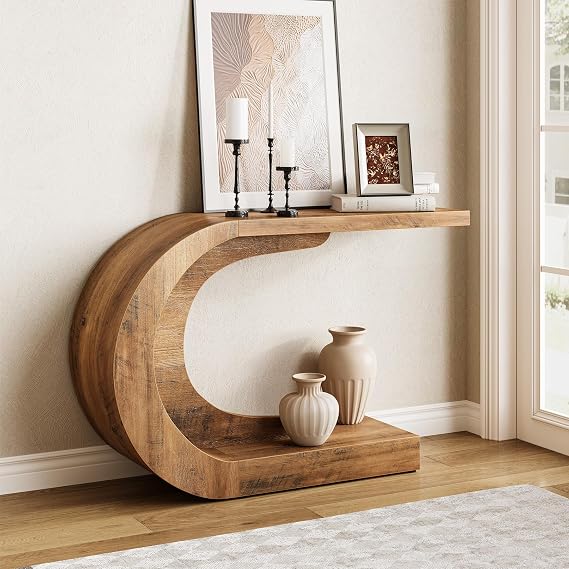 LITTLE TREE 43.3 Inches Farmhouse Console Table, 2-Tier C-Shaped Sofa Table Behind the Couch, Wooden Entryway Table Narrow Hallway Foyer Table for Living Room, Entrance, Brown