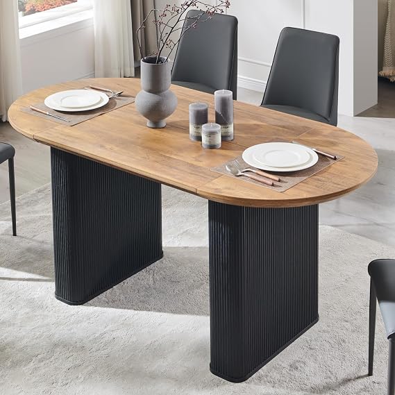 OKD Mid-Century Modern 63" Fluted Oval Dining Table Seats 4-6, Brown&Black