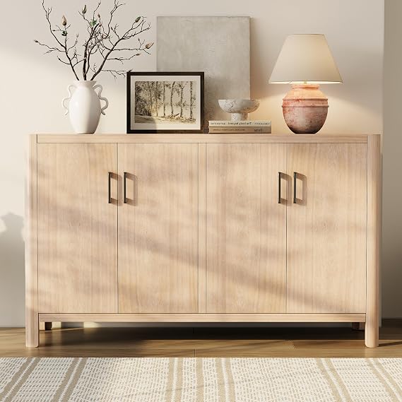 59.2" Farmhouse Rustic Style 4-Door Accent Buffet Cabinet with Metal Handles, Natural Wood Veneer Finish Storage Sideboard for Dining Room, Kitchen and Living Room (Natural-08)