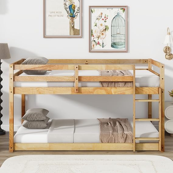 Solid Wooden, Solid Rubber Wooden Twin Over Twin Loft Bed with Ladder, with Bed Platform of Strengthened Slats, Natural