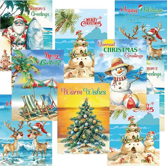 Fancy Land Beach Christmas Cards Tropical Coastal Christmas Card with Envelopes Xmas Sunset Beach Notecard for Holiday Seasonal Party Favors 24Pcs