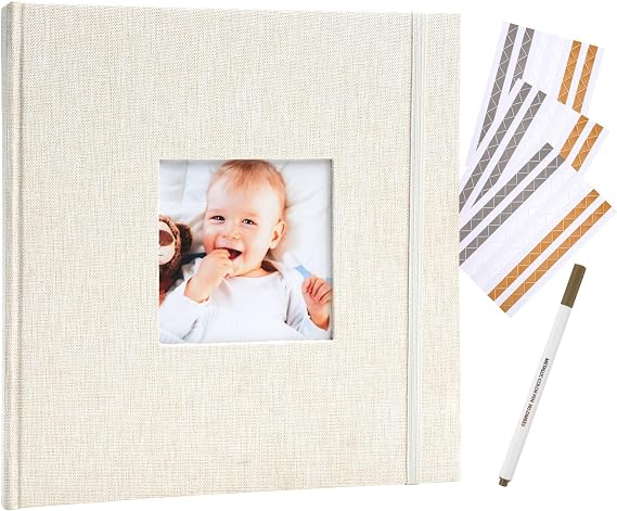 Scrapbook Album, 8x8 DIY Photo Album with Square Window Linen Cover Kraft Paper 32 Sheets, Stylish Memory Book for Wedding, Anniversary, Family, Travel, Beige