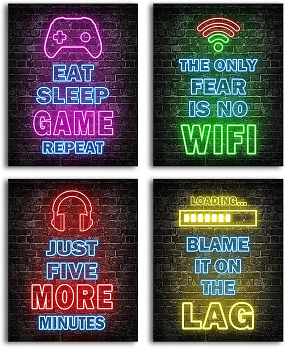 Nhemeylp Gaming Posters Set of 4, Neon Gaming Wallpaper Canvas Painting Prints for Boys Room, Unframed Gamer Wall Art for Kids Bedroom Home Decoration, 8"x10" (Pattern A)