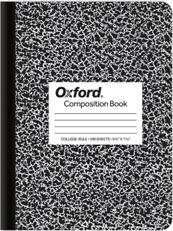 Oxford Composition Notebook, College Ruled Paper, 9-3/4" x 7-1/2", Black Marble Covers, 100 Sheets, 1 Book (63796)