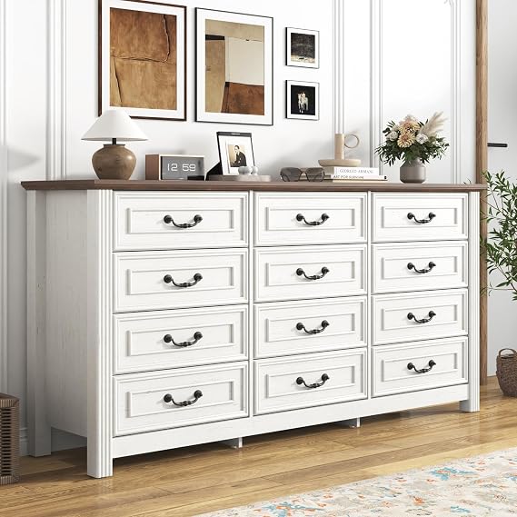 chartustriable Farmhouse 12 Drawer Dresser for Bedroom, 63 Wood Chest of Drawers with Rustic Handles, Wide Closet Dressers Organizer, Living Room, Hallway, Bedroom Furniture, Antique White