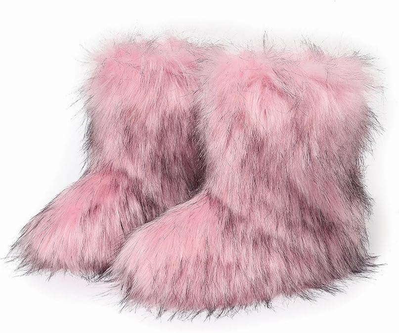 Women Faux Fur Furry Boot Fluffy Mid Calf Snow Boots Round Toe Suede Comfy Warm Flat Shoes Winter For Girl