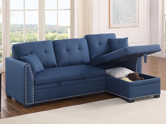 BEEY Sectional Sleeper Sofa with Pull Out Bed and Storage Chaise for Living Room (Blue2, L Shaped)