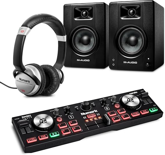 Numark DJ2GO2 Touch DJ Controller and M-AUDIO BX3 Pair Studio Monitors with Headphones for Studio Recording, Music Production, Podcasting, Streaming