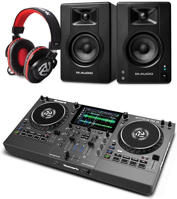Numark Mixstream Pro Go DJ Controller and M-AUDIO BX4 Pair Bluetooth Studio Monitors with Headphones for Studio Recording, Music Production, Podcasting, Streaming