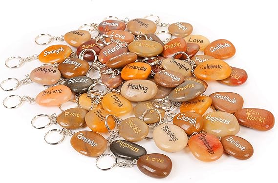 ROCKIMPACT 50PCS Inspirational Stones Key Chains, Engraved Natural River Rock Key Rings Keychains, Healing Stone Keychain Bulk Lot, Different Words Assorted Sayings (50 Pieces)