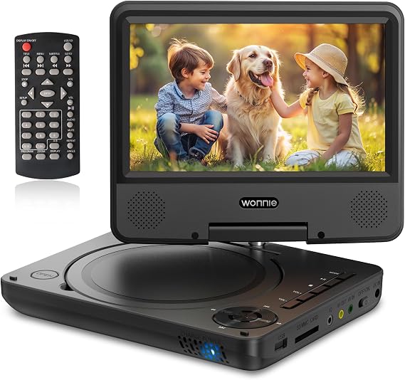 WONNIE 9.5" Portable DVD Player for Kids with 7.5" Swivel Screen, 6 Hours Rechargeable Battery, Car DVD Player with AV in/Out, Dual Speakers, Remote Control, Support USB/SD Card/Sync TV, All Regions
