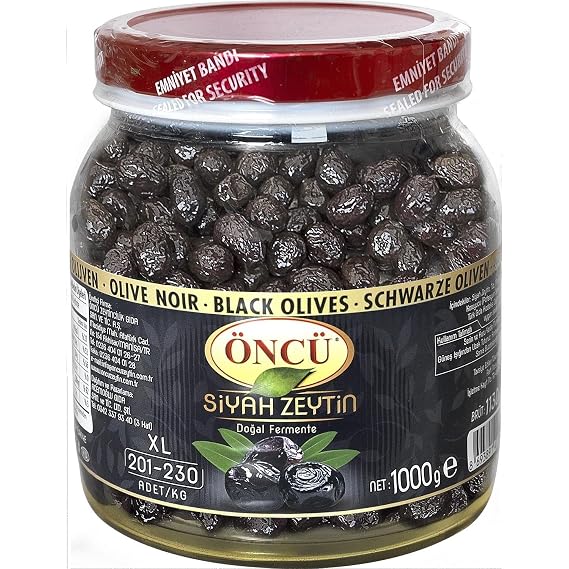 ONCU Black Olives, Natural Fermented, XL Size (201230 Count/kg), 100% Natural, No Preservatives, Rich Flavor, Glass Jar, 1000g (35.2 oz)- Product of Turkey