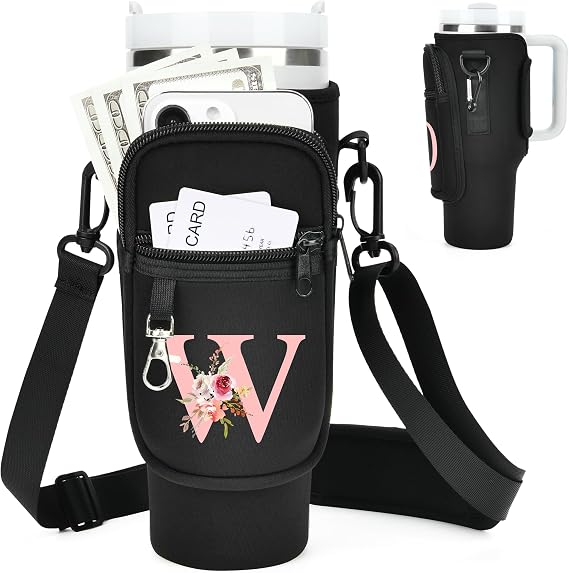 イニシャルウォーターボトルホルダー ストラップ付き Stanley Cup Accessories 40オンス タンブラー/シンプルでモダンなタンブラーバッグ ストラップ付きウォーターボトルキャリアバッグ 女性や女の子へのパーソナライズされたバレンタインデーギフト