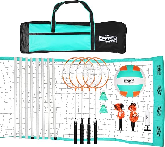 Hall of Games Outdoor Volleyball and Badminton Net with Carrying Bag Accessories Set and Adjustable Steel Poles Perfect for Parties