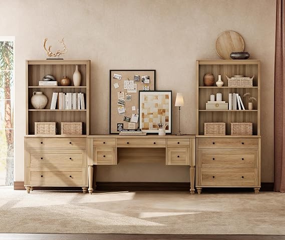 WAMPAT Home Office Furniture Set, 56'' Executive Desk with Charging Station, 72" Tall Bookcase with 6 Drawers, Wood Computer Desk with File Cabinet Storage, Open Shelf, Oak