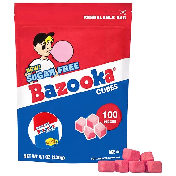 Bazooka Bubble Gum Sugar-Free Chewing Gum Cubes | Bulk in Resealable Bag, 100 Ct in Original Pink Flavor w/Bazooka Joe Comics, Baseball Party Favors, Nostalgic 90s Candy
