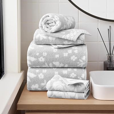 Lucky Brand Folk Floral 6 Piece Bath Towel Set - 2 Bath Towels, 2 Hand Towels, and 2 Washcloths - Glacier Grey Premium Bathroom Towel Set