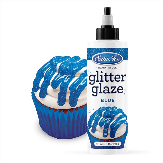 Satin Ice Blue Glitter Glaze (10oz Bottle) For Decorating Cakes, Cupcakes, Brownies, and Doughnuts
