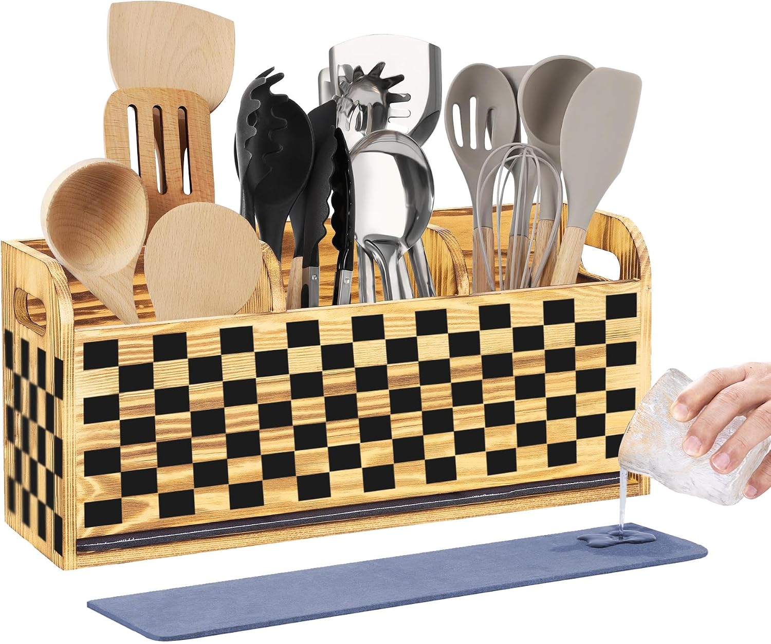 Wooden Utensil Holder, Farmhouse Indoor Wooden Utensil Organizer for Kitchen Counter With 3 Compartments Large Kitchen Utensil with Mountable Removable Absorbent Pad Grid