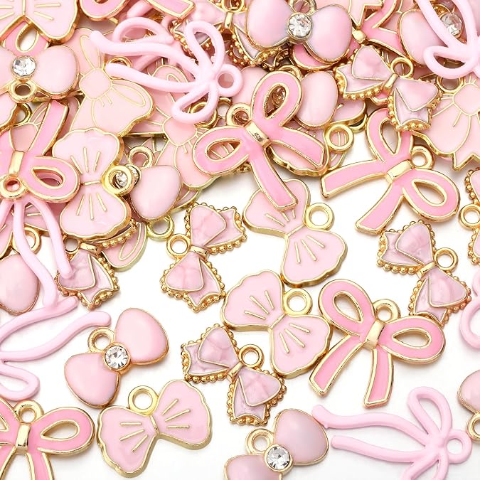 60 Pieces Pink Bow Pendants for Jewelry Making, 6 Styles Enamel Theme Bowknot Charms Assorted Pink Bow Tie Pendants for DIY Necklace Bracelet Making Craft Supplies