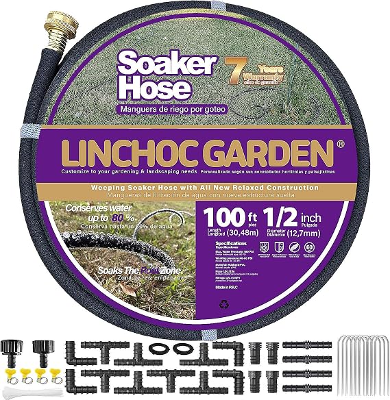 LICNCHOC GARDEN Soaker Hose 100ft,1/2 INCH Flexible Durable Garden Hose for Efficient Watering, Leak-Proof Design 100% Recycled Rubber,Ideal for Lawns,Gardens & Flower Beds