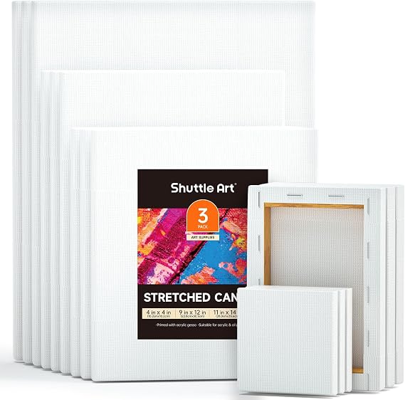 Shuttle Art Canvas for Painting, 15 Pack Multi-Size 4x4/5x7/8x10/9x12/11x14 Inch, Stretched Canvas, 100% Cotton, Primed White Blank Art Canvases, Ideal for Acrylic Oil Acrylic Pouring