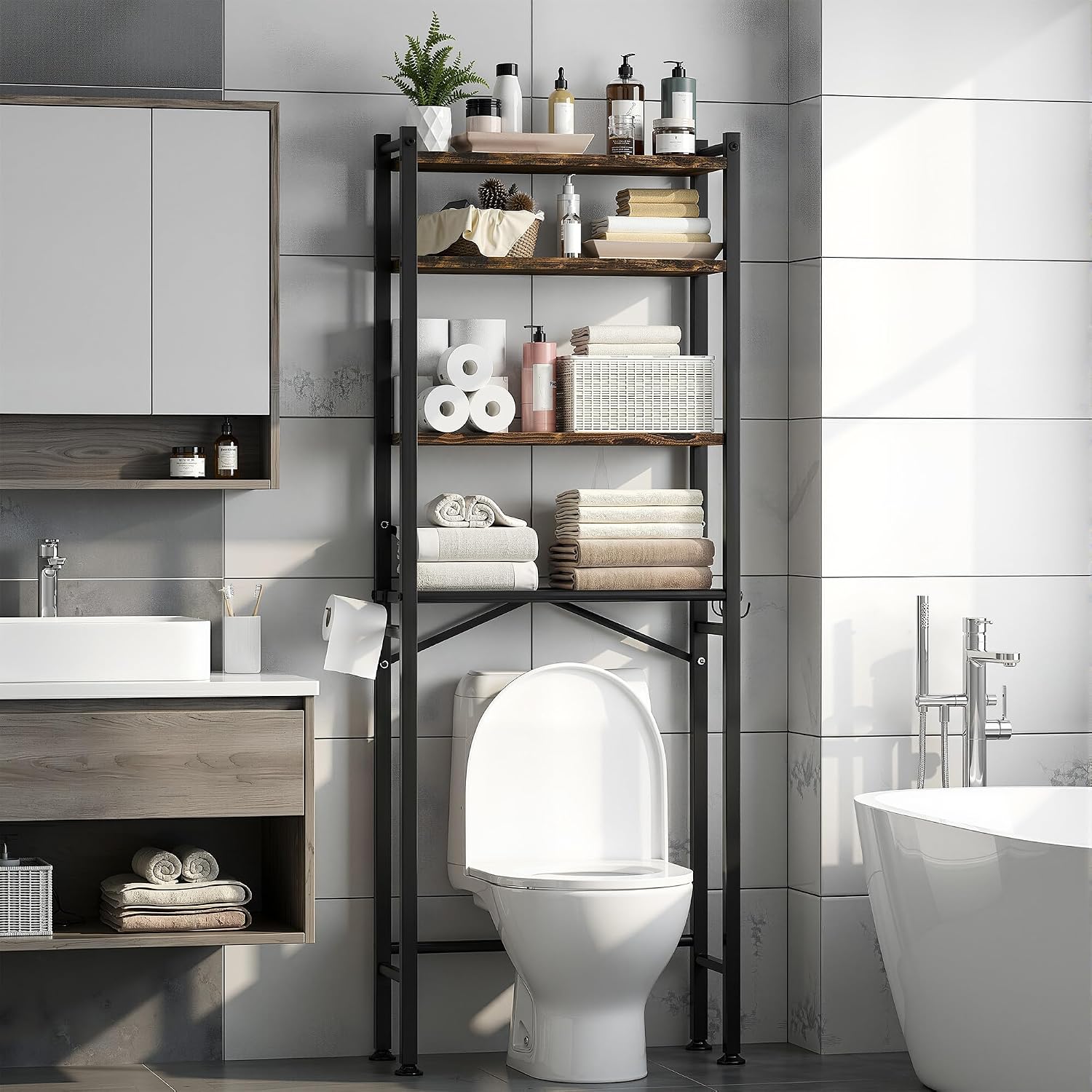 GloTika Over-The-Toilet Storage Cabinet with Adjustable Shelf, 4-Tier Over Toilet Bathroom Organizer and Storage, Space Saver Metal Bathroom Shelves for Living Room/Laundry/Balcony, Black