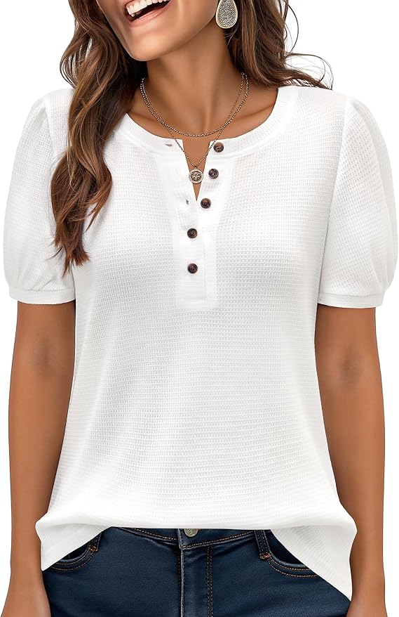 siliteelon Womens Short Sleeve Waffle Blouses Henley V Neck Tops Shirts Dress Casual Work Business Summer Trendy Tunics