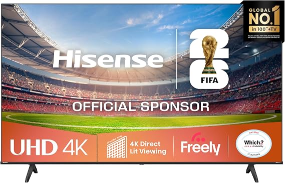 Hisense 55" 55A6QTUK 4K Ultra HD Smart TV - Hi-View AI Engine, Precision Colour, Smooth Motion, Sports Mode with Freely, Disney +, YouTube, Netflix