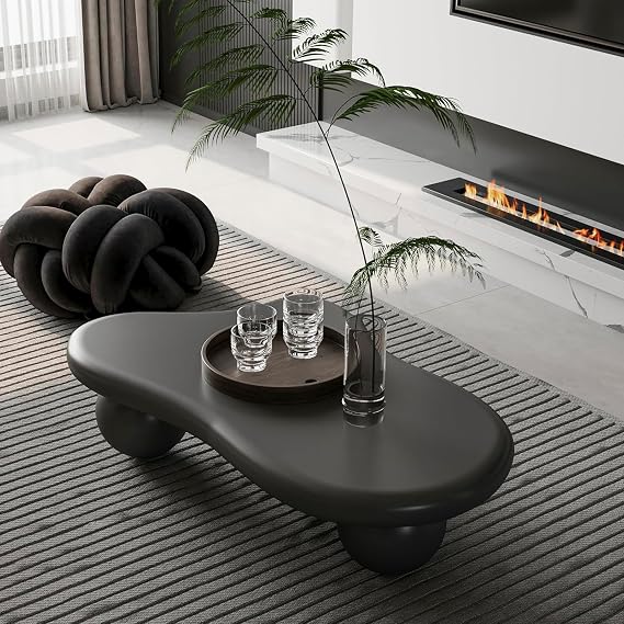 Cloud Coffee Table with 3 Ball Legs, Unique Irregular Asymmetrical Coffee Table for Living Room, Modern Funky Minimalist Center Table Cute Low Tea Table for Small Space,Black,46.06"