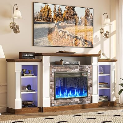 oneinmil 70 Fireplace TV Stand, Electric Fireplace with Mantel, Modern Entertainment Center with Open Storage, Remote Control, Adjustable Flame, Fire Place TV Stand for Living Room, Bedroom
