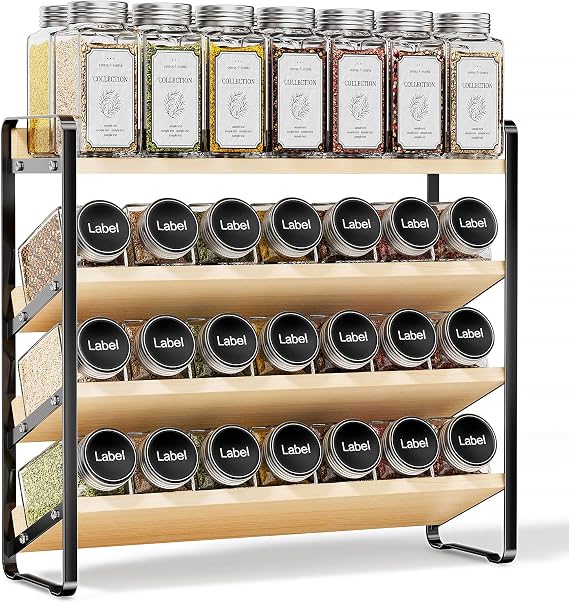 MUDEELA Spice Rack, 4 Tier Wooden Spice Organiser with Slanted Shelves for Countertop & Cupboard, Pantry, 34cm W x 28.4cm H x 11cm D, Black