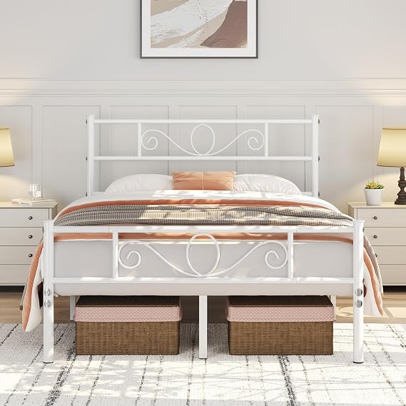 Yaheetech 4ft6 Double Metal Bed Frame Solid Bedstead Base with Headboard and Footboard, Metal Slat Support and Underbed Storage Space, White | Sturdy metal build, easy install, fits 135×190cm mattress, under-bed storage, ideal for bedrooms & guest rooms