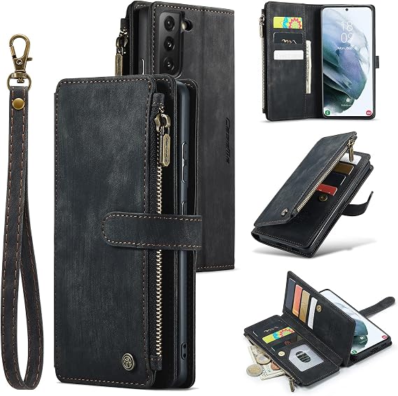 UEEBAI Wallet Case for Samsung Galaxy S21 5G, Premium Handmade PU Leather Phone Case Card Slots Magnetic Closure Zipper Pocket Kickstand Flip Case with Hand Strap - Vintage Black