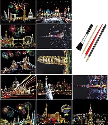 EGOSKY Scratch Art Postcards, 12 Sheets Rainbow Scratchboard Card Paper, DIY Scratch Off Painting Craft with 4 Scratch Tools for Adults and KidsBuilding Series