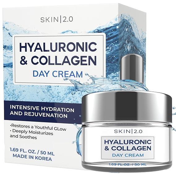 Skin 2.0 Hyaluronic Acid & Collagen Face Moisturizer Deep Hydration, Firming & Anti-Aging Day Cream For Dry Skin Dermatologist Tested, Korean Skin Care For All Skin Types, Clean Beauty 1.69 Oz