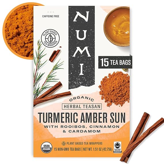 Numi Organic Amber Sun Turmeric Tea, 15 Herbal Tea Bags, Caffeine Free | Herbal Turmeric Tea Blend with Rooibos and Spices