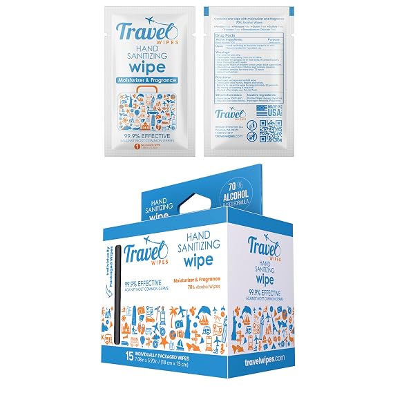 Hand Sanitizing Travel Wipes 15ct Individually Wrapped | Fresh Citrus Scent, Moisturizing, 70% Alcohol Wipes | Travel, Home, Office, Daily Use