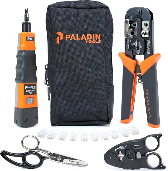 Paladin Tools PA4908 Network Tool Kit - VDV Technicians Kit - Wire Cutter, Wire Stripper, Scissors, Punchdown Tool, Plugs - RJ45 RJ11 RJ12 RJ22 (POE Ethernet)