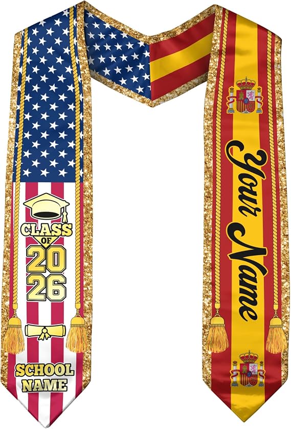 Spanish Graduation Sash, Custom Spanish American Flag Sash 2026, Spain Graduation Stole