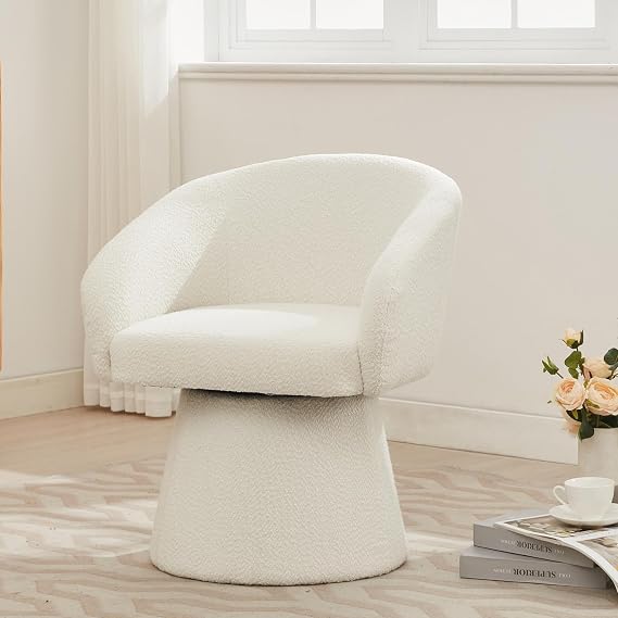 360Swivel Accent Chair with Backrest and Armrests, Boucle Upholstered Single Barrel Chairs with Metal Rotating Base for Living Room, Bedroom & Office, Cream White