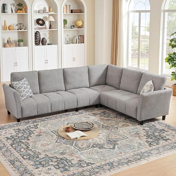 Convertible Sectional Sofa Couch, 102" L Shaped Couch with Back Cushions, Modern Upholstered Fabric 6-Seat Reversible Sofa Set for Living Room, Apartment, Office, Light Grey