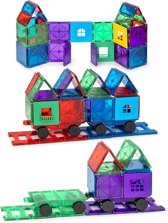 Playmags 55 Parça Manyetik Blok Tren Seti | 4 Tren Dahil Dayanıklı ve Yaratıcı STEM Eğitim Oyuncağı | Çocuklar için uygun
