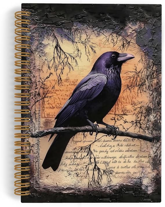 Vintage Gothic Raven Spiral Notebook, Dark Black Crow Journal Notebook, Witchy Black Crow Notebooks for School Work, Gothic Raven Office Supplies Gifts for Women Men, 5.5x8.3 Inch