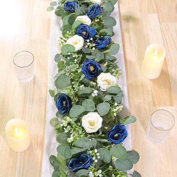TOCHGREEN 2 Pack Artificial Eucalyptus Flower Garland with White Blue Roses