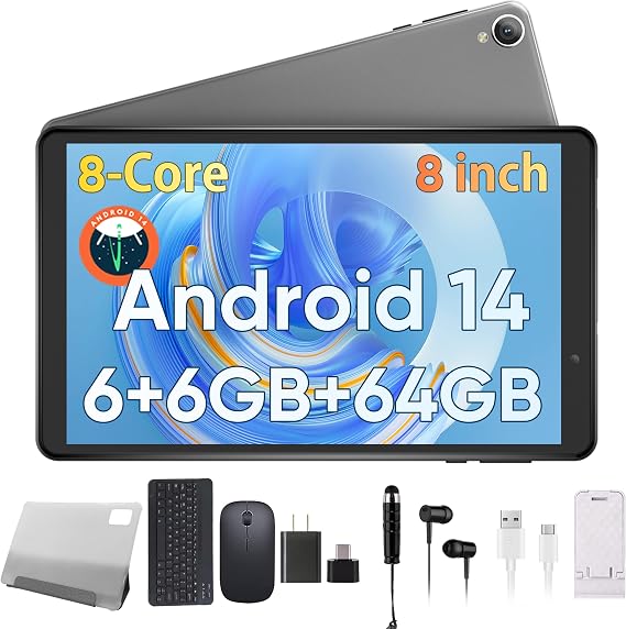 N-one Android 14 Tablet, 8" HD Screen 8 Core Processor 12GB 64GB & 2TB Expand, WiFi6 BT 5MP Dual Camera for Study Work Android Tablets