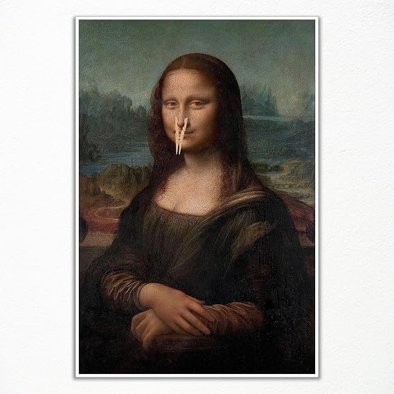 Anslipswar Classical Mona Lisa Painting Canvas Wall Art, Vintage Funny Bathroom Poster, Humor Amusing Toilet Art Prints, Girl Pinching Nose Funny Wall Decor 12x16in Unframed