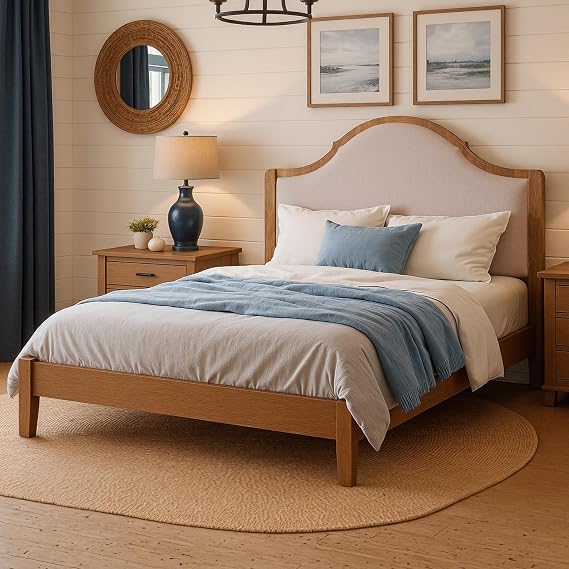 Jocisland Wood Queen Size Bed Frame with Tall Upholstered Curved Headboard, Solid Wood Platform, No Box Spring Needed, Wood Slat Support, Walnut